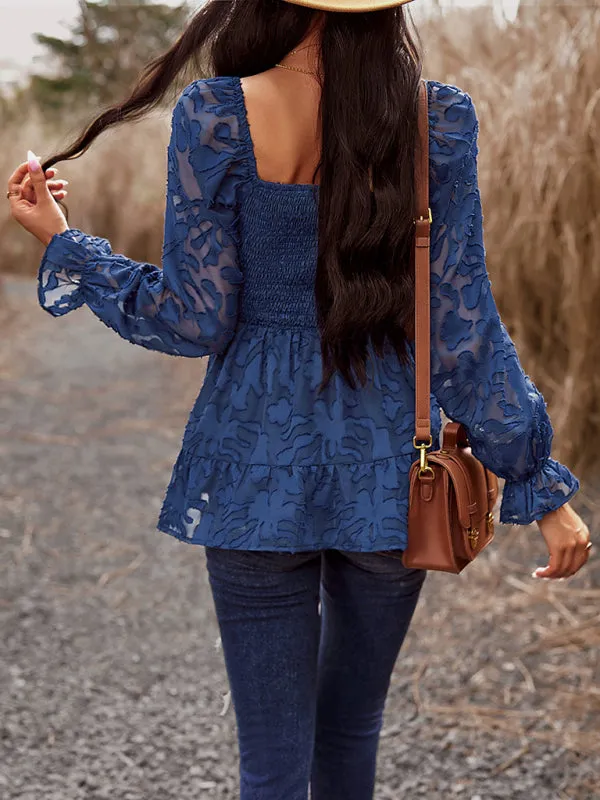 Floral Jacquard Square Neck Peplum Blouse | Bishop Long Sleeves Top