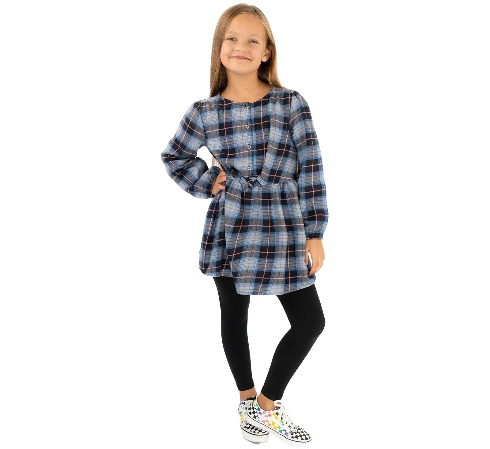 Girls Blue Long Sleeve Check Dresses