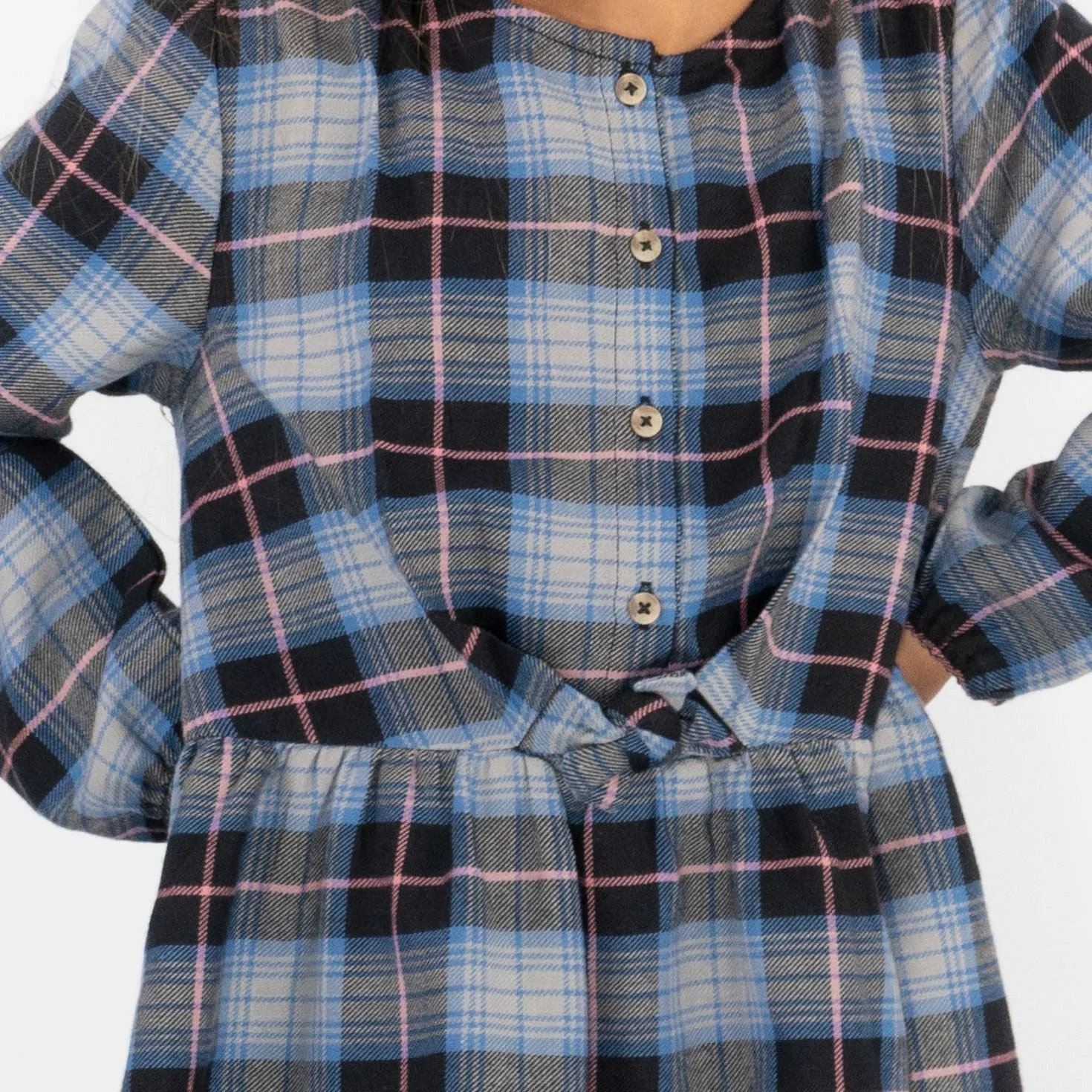 Girls Blue Long Sleeve Check Dresses