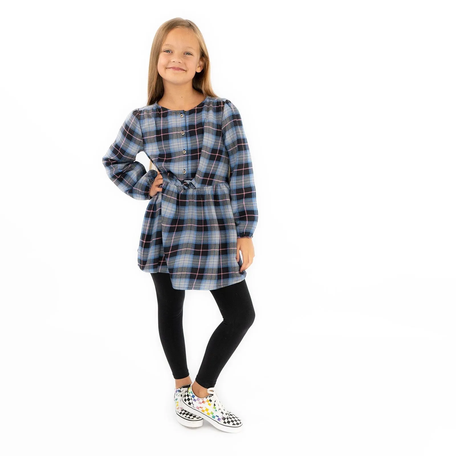 Girls Blue Long Sleeve Check Dresses