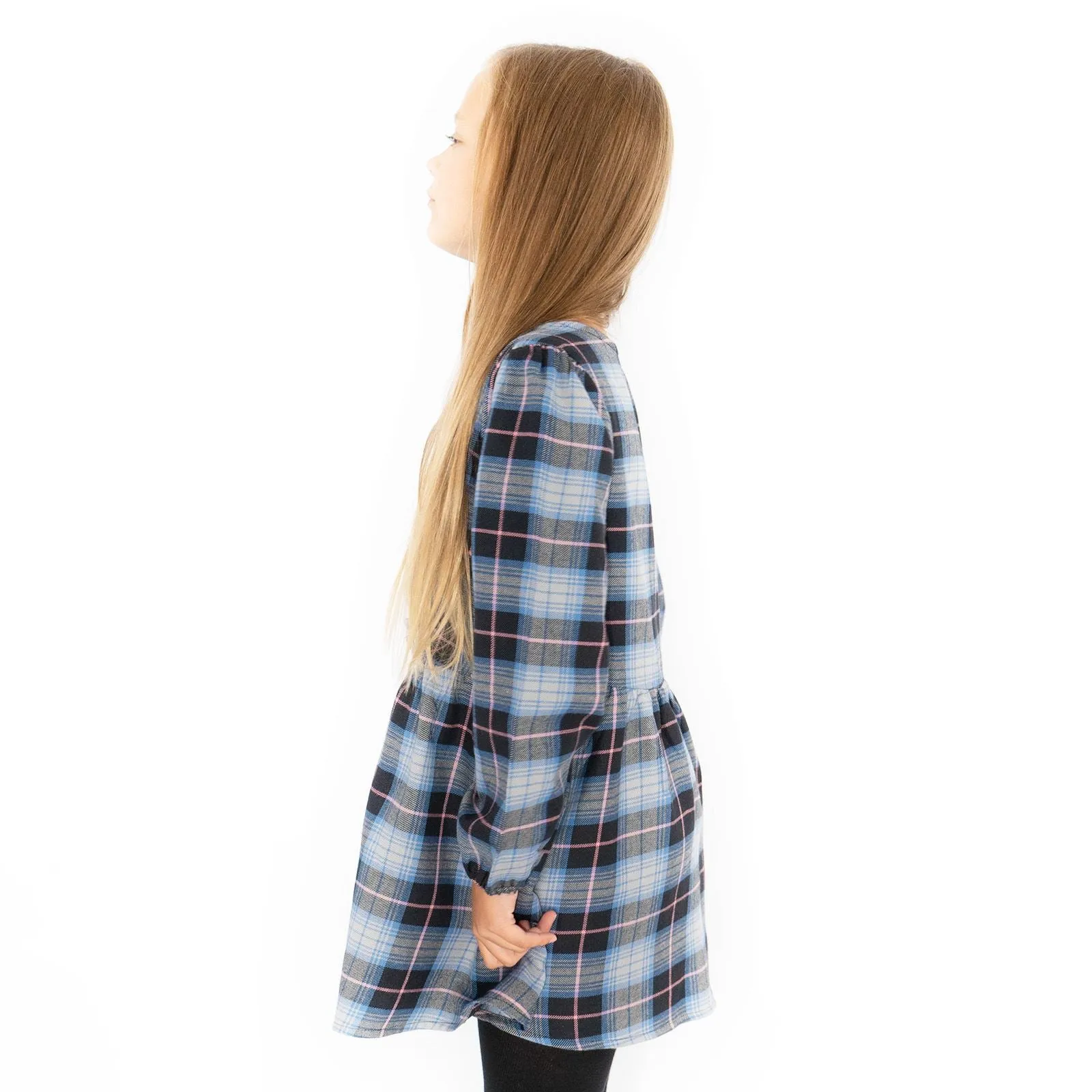 Girls Blue Long Sleeve Check Dresses