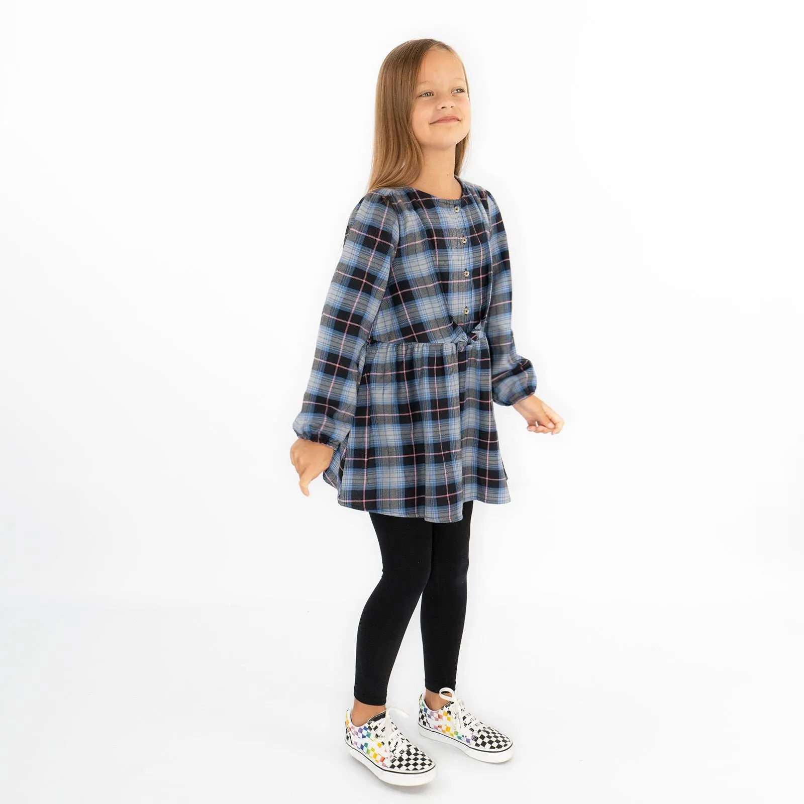 Girls Blue Long Sleeve Check Dresses