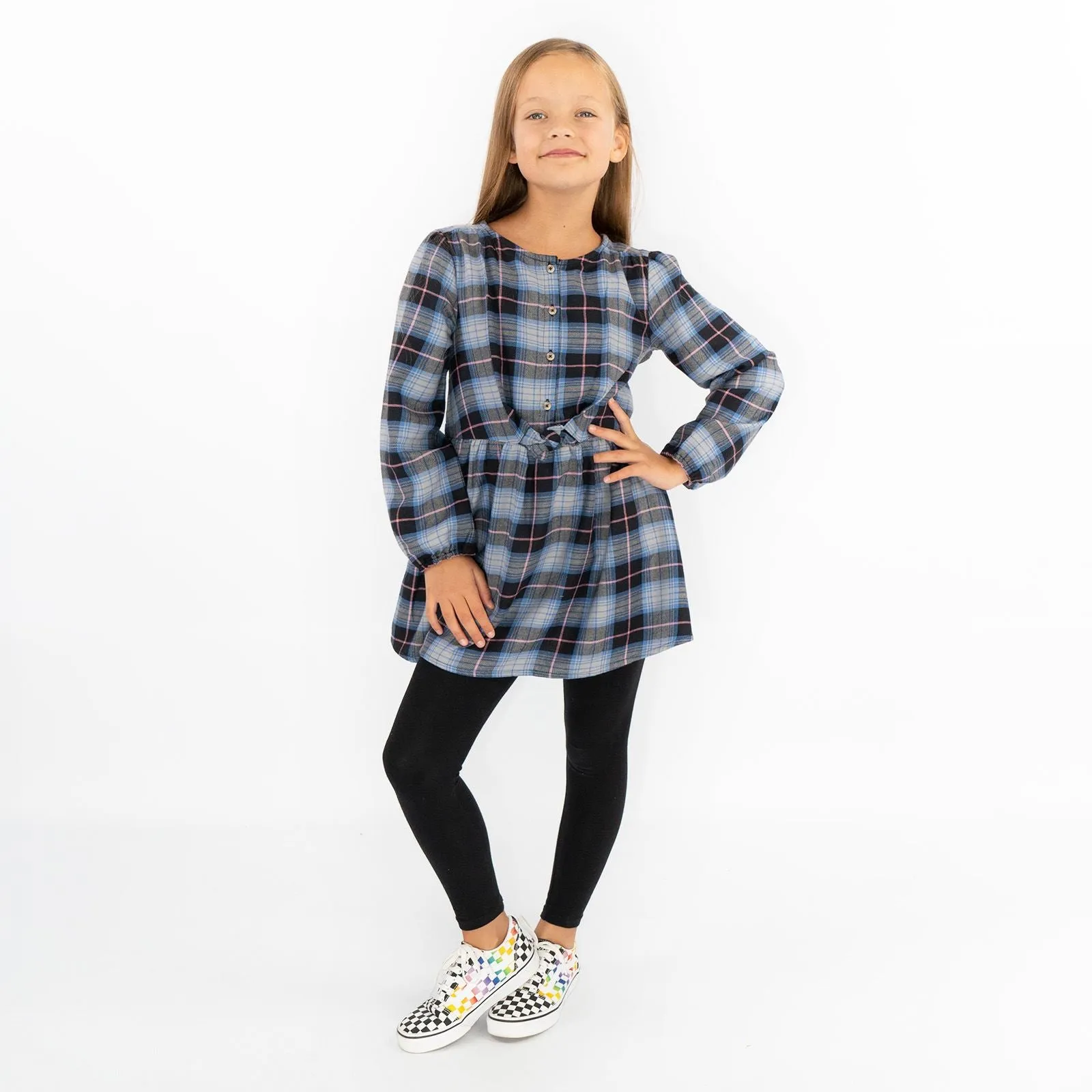 Girls Blue Long Sleeve Check Dresses