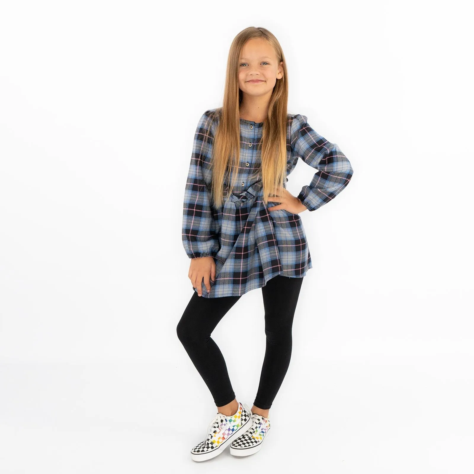 Girls Blue Long Sleeve Check Dresses