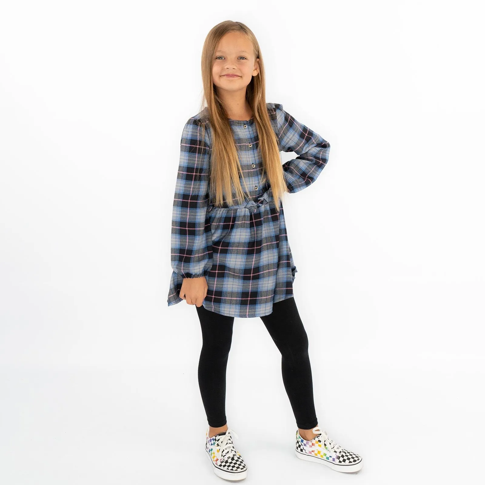 Girls Blue Long Sleeve Check Dresses