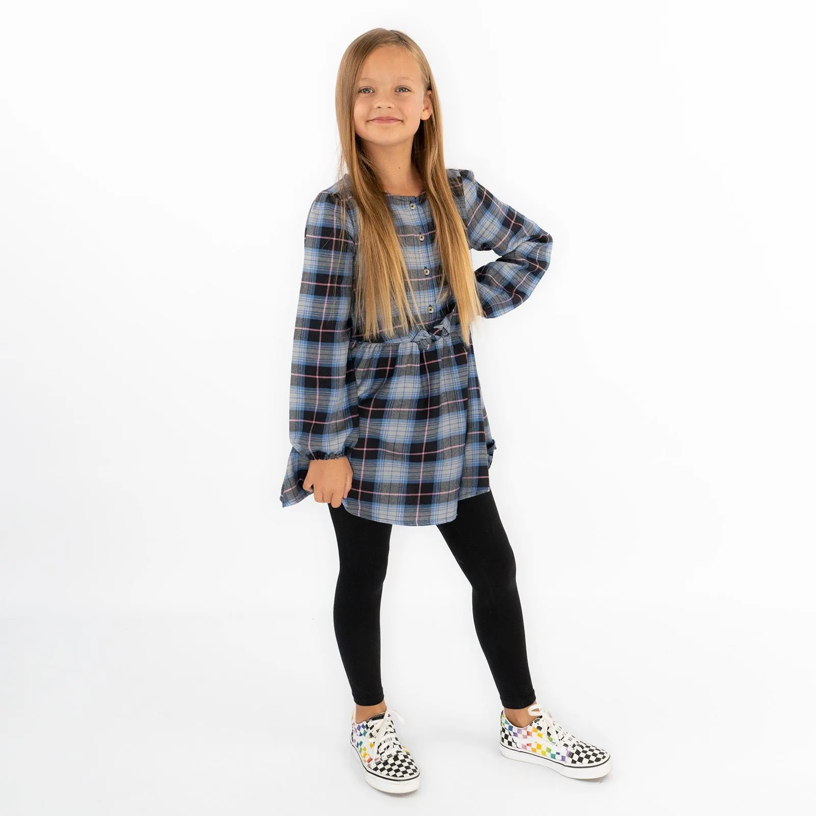 Girls Blue Long Sleeve Check Dresses