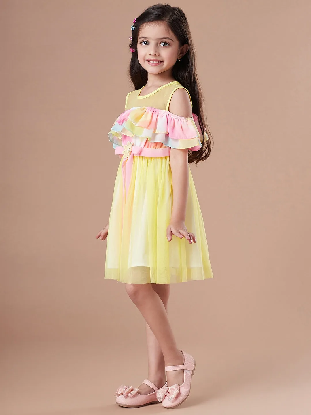 Girls Colourblocked Cold-Shoulder Sleeves Fit And Flare Dress - Ps Peaches