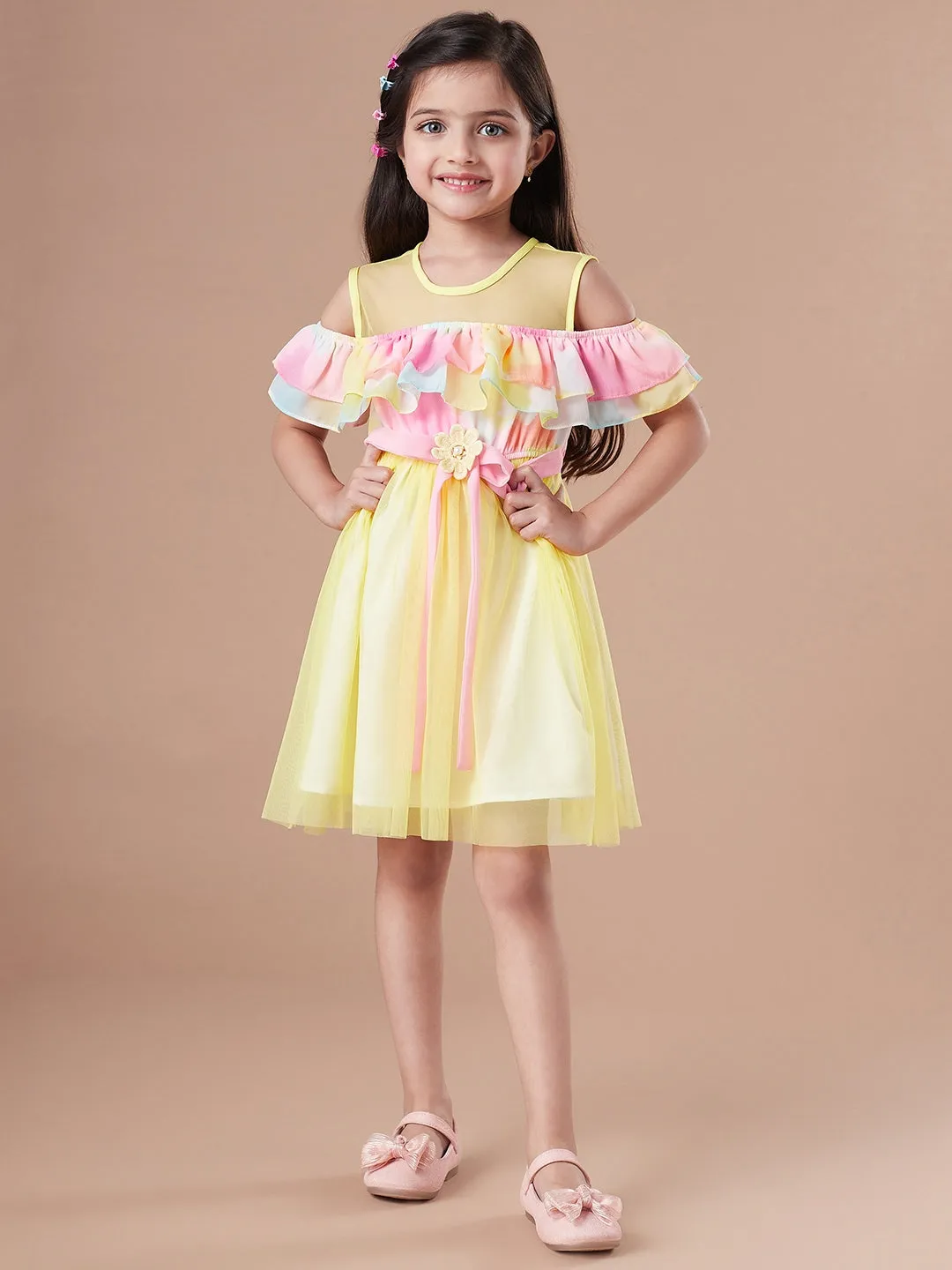 Girls Colourblocked Cold-Shoulder Sleeves Fit And Flare Dress - Ps Peaches