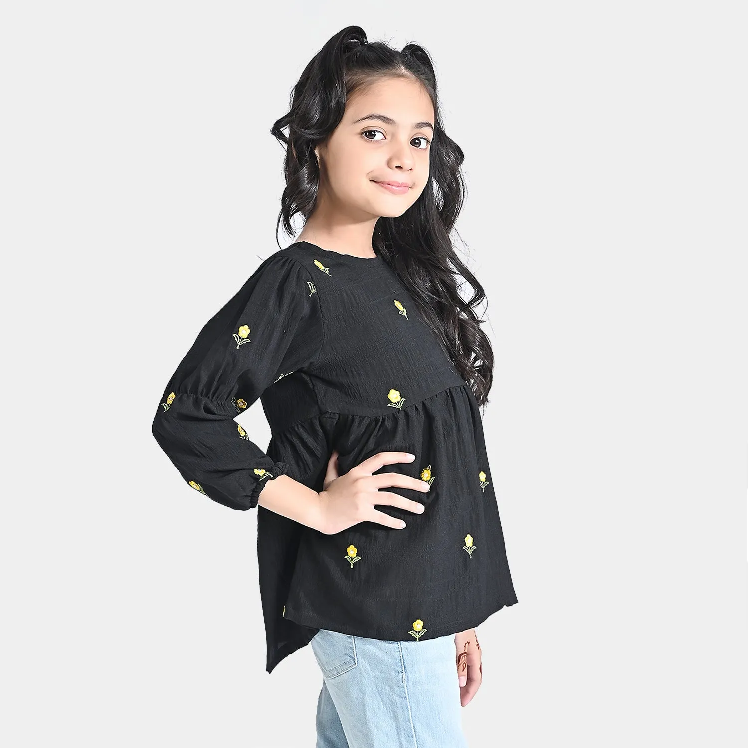 Girls Poly Cotton Emb Top Yellow Affair-BLACK