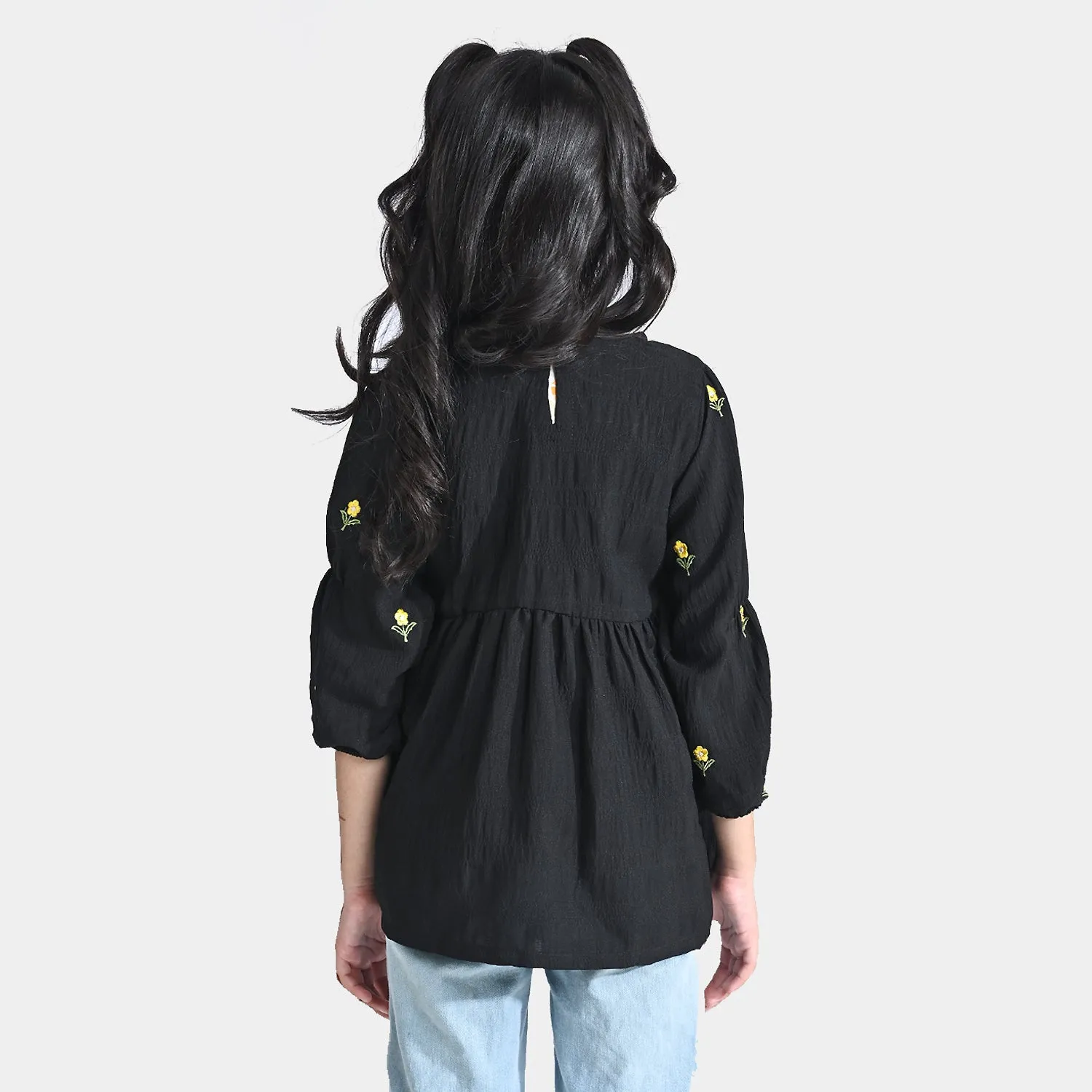 Girls Poly Cotton Emb Top Yellow Affair-BLACK