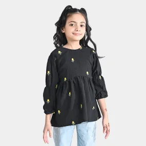 Girls Poly Cotton Emb Top Yellow Affair-BLACK