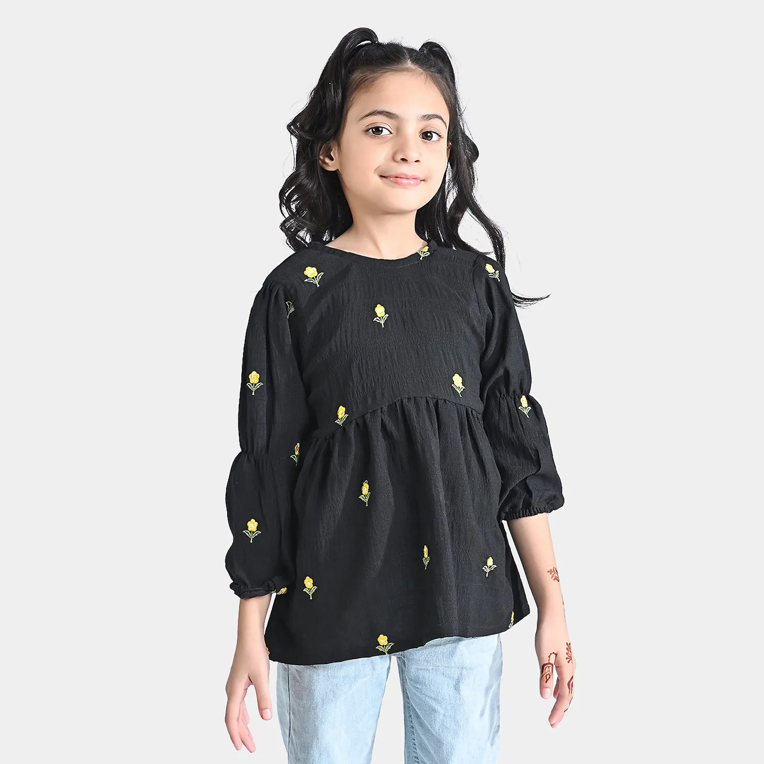 Girls Poly Cotton Emb Top Yellow Affair-BLACK