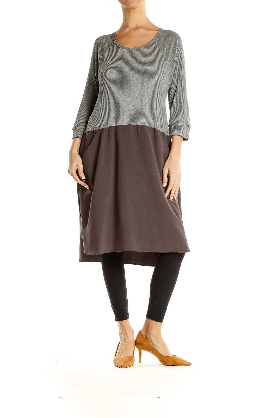 Gray Brown Colorblock Knit Shift Dress