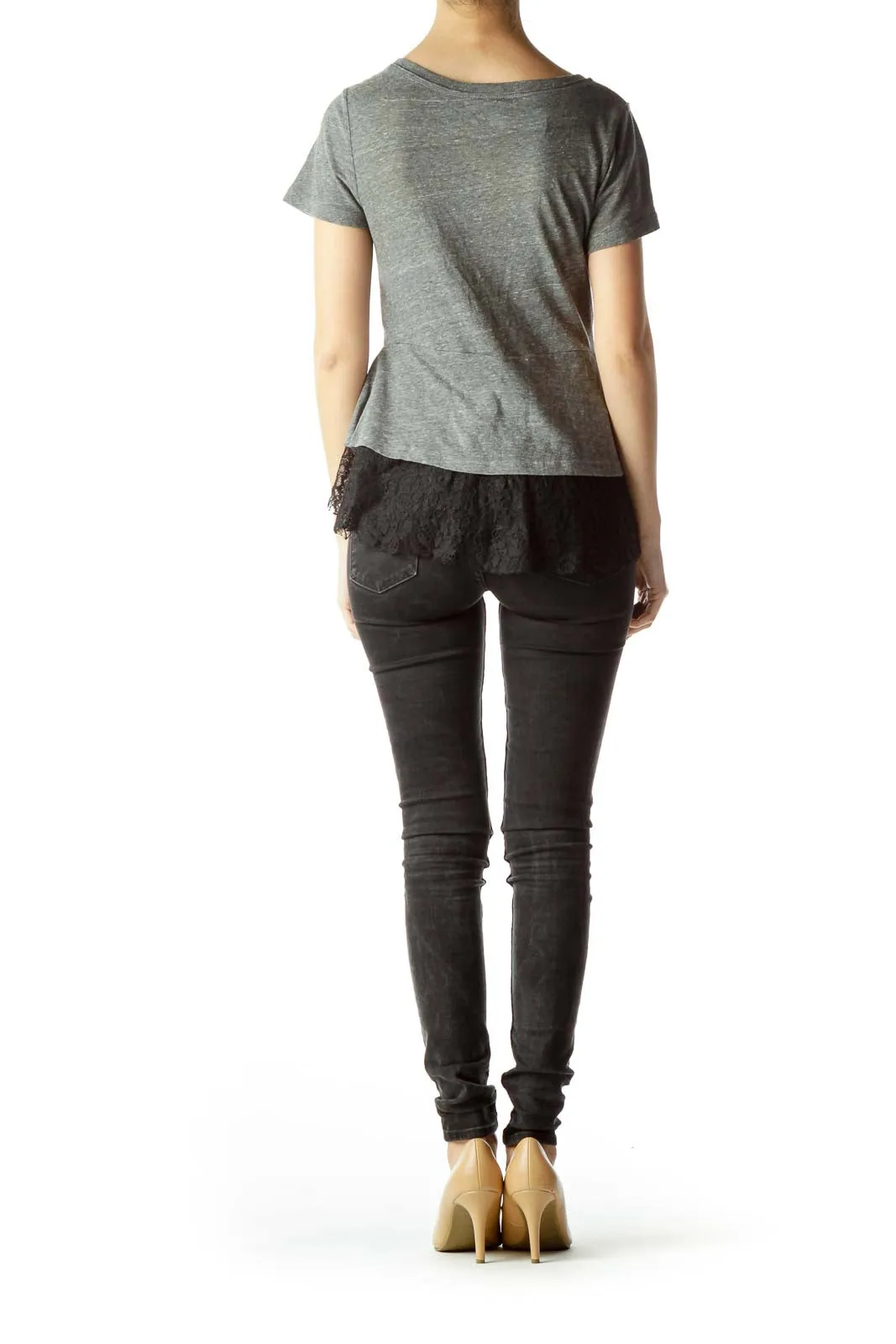 Gray Peplum Lace Trim T-Shirt