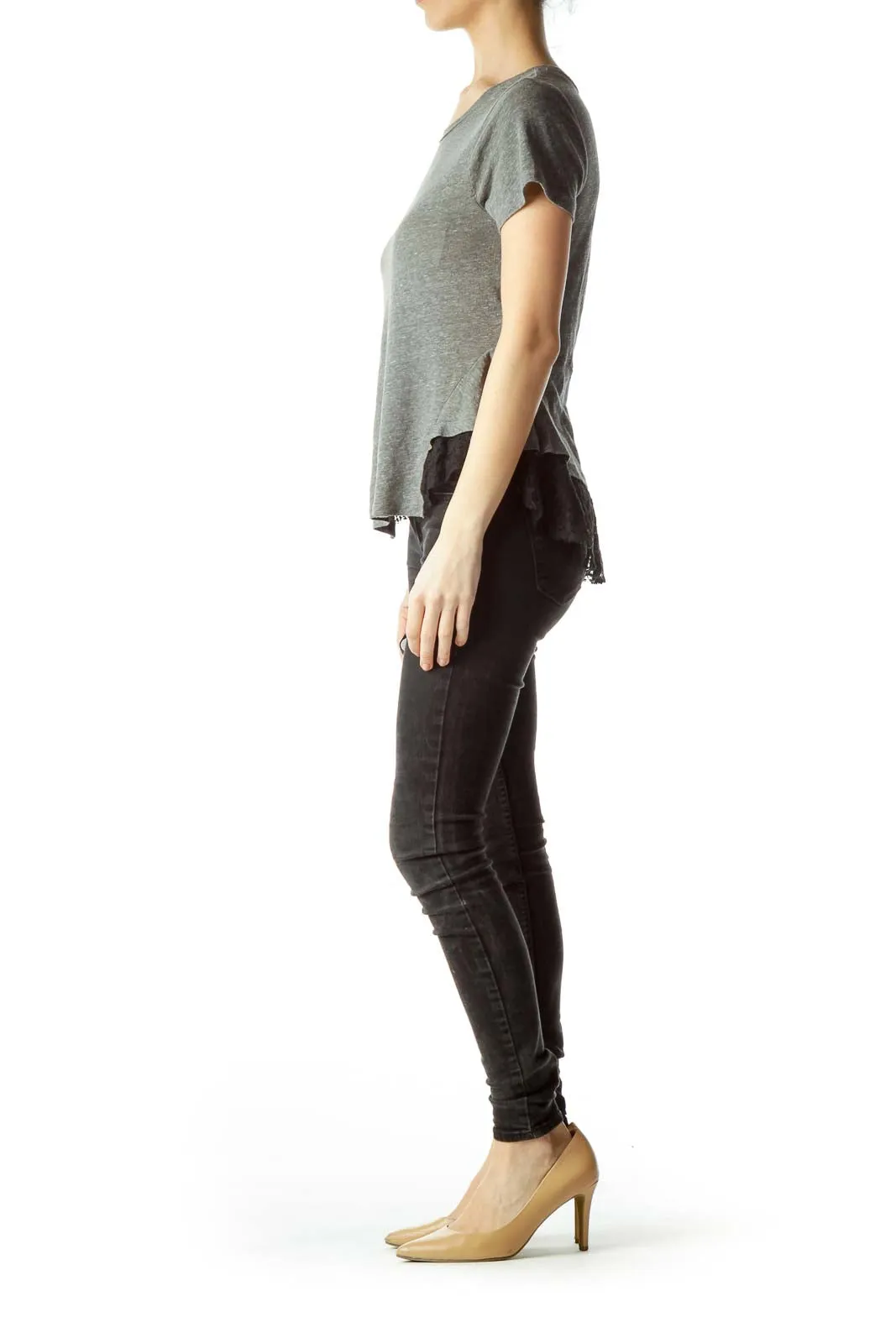 Gray Peplum Lace Trim T-Shirt