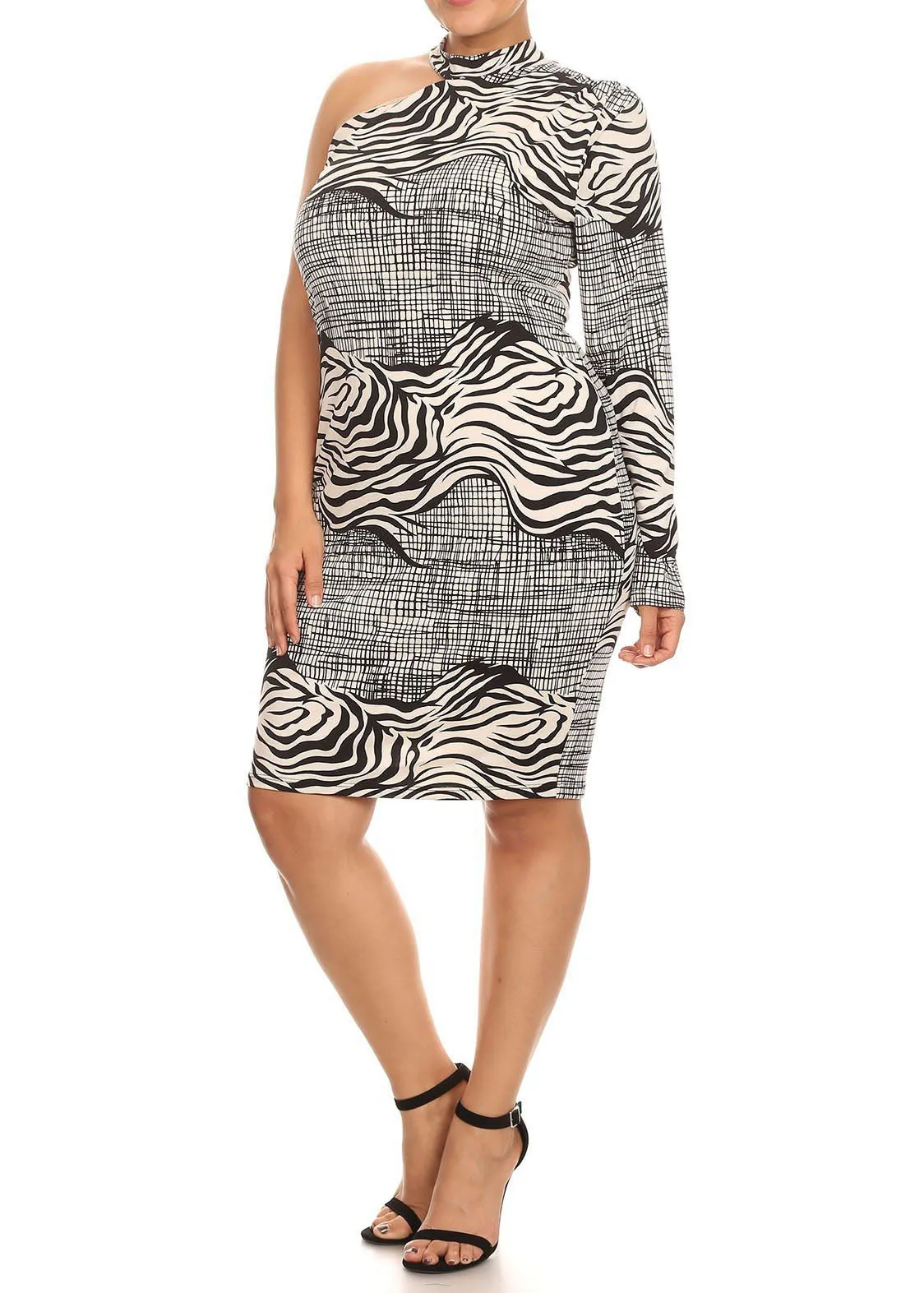 Hi Curvy Plus Size Women Zebra Print One Sleeve Mini Dress