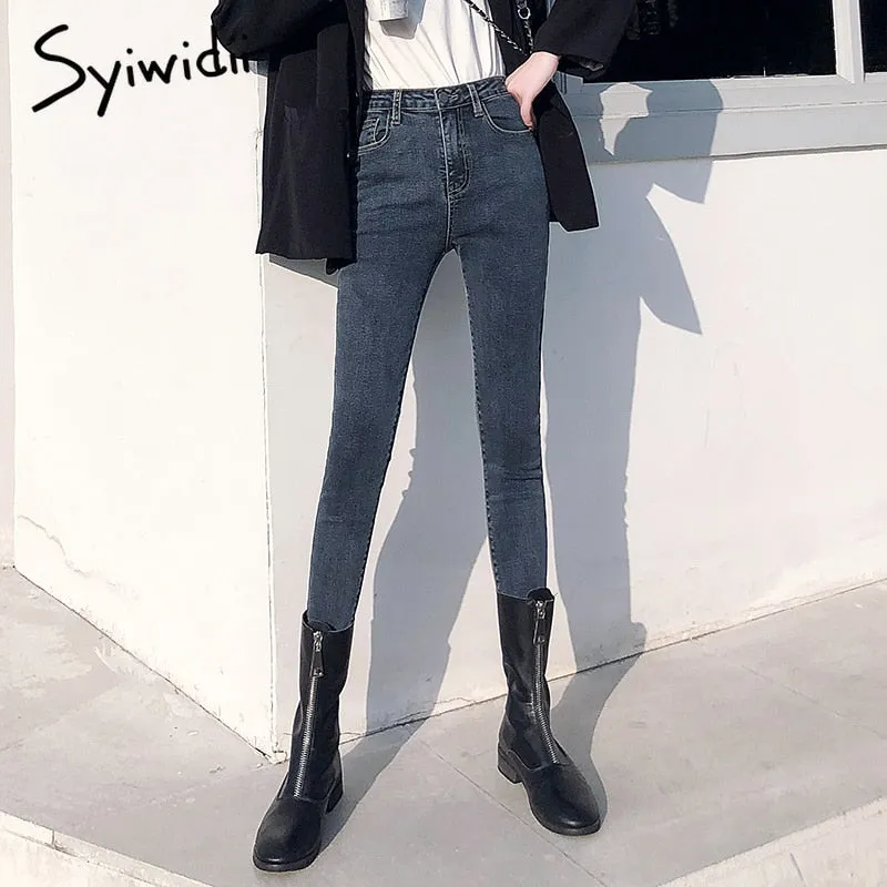 Joskaa Gray Jeans Woman High Waist Women Skinny Fashion Korean Washed Coated Denim Pencil Pants Stretch Jean Black Fashion 2024 New