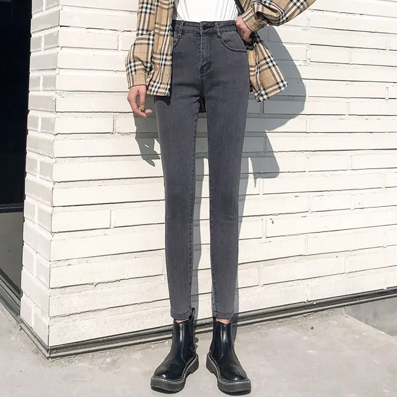 Joskaa Gray Jeans Woman High Waist Women Skinny Fashion Korean Washed Coated Denim Pencil Pants Stretch Jean Black Fashion 2024 New