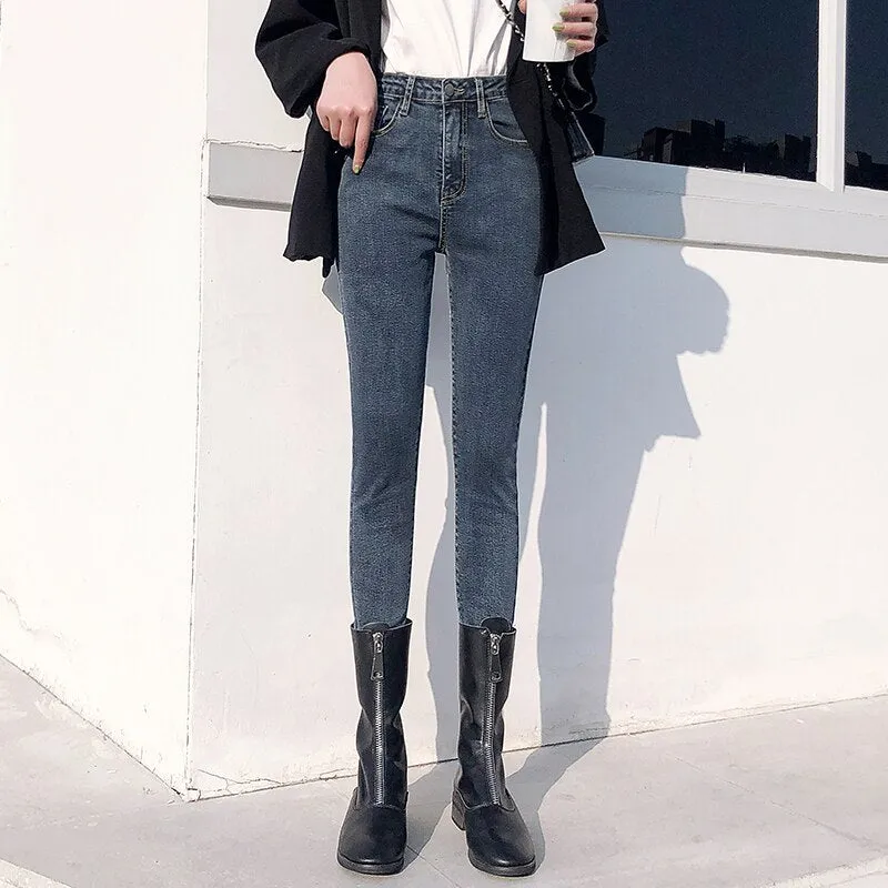 Joskaa Gray Jeans Woman High Waist Women Skinny Fashion Korean Washed Coated Denim Pencil Pants Stretch Jean Black Fashion 2024 New