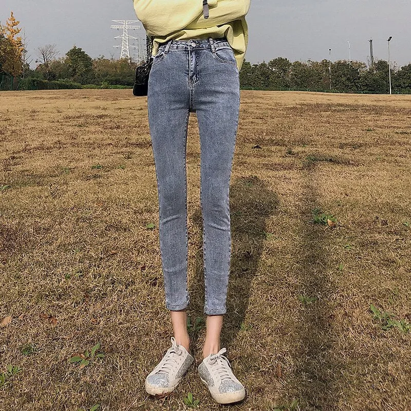 Joskaa Gray Jeans Woman High Waist Women Skinny Fashion Korean Washed Coated Denim Pencil Pants Stretch Jean Black Fashion 2024 New