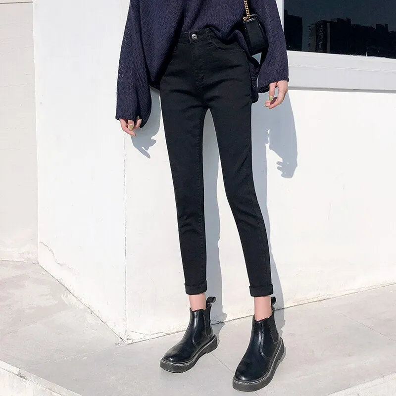 Joskaa Gray Jeans Woman High Waist Women Skinny Fashion Korean Washed Coated Denim Pencil Pants Stretch Jean Black Fashion 2024 New