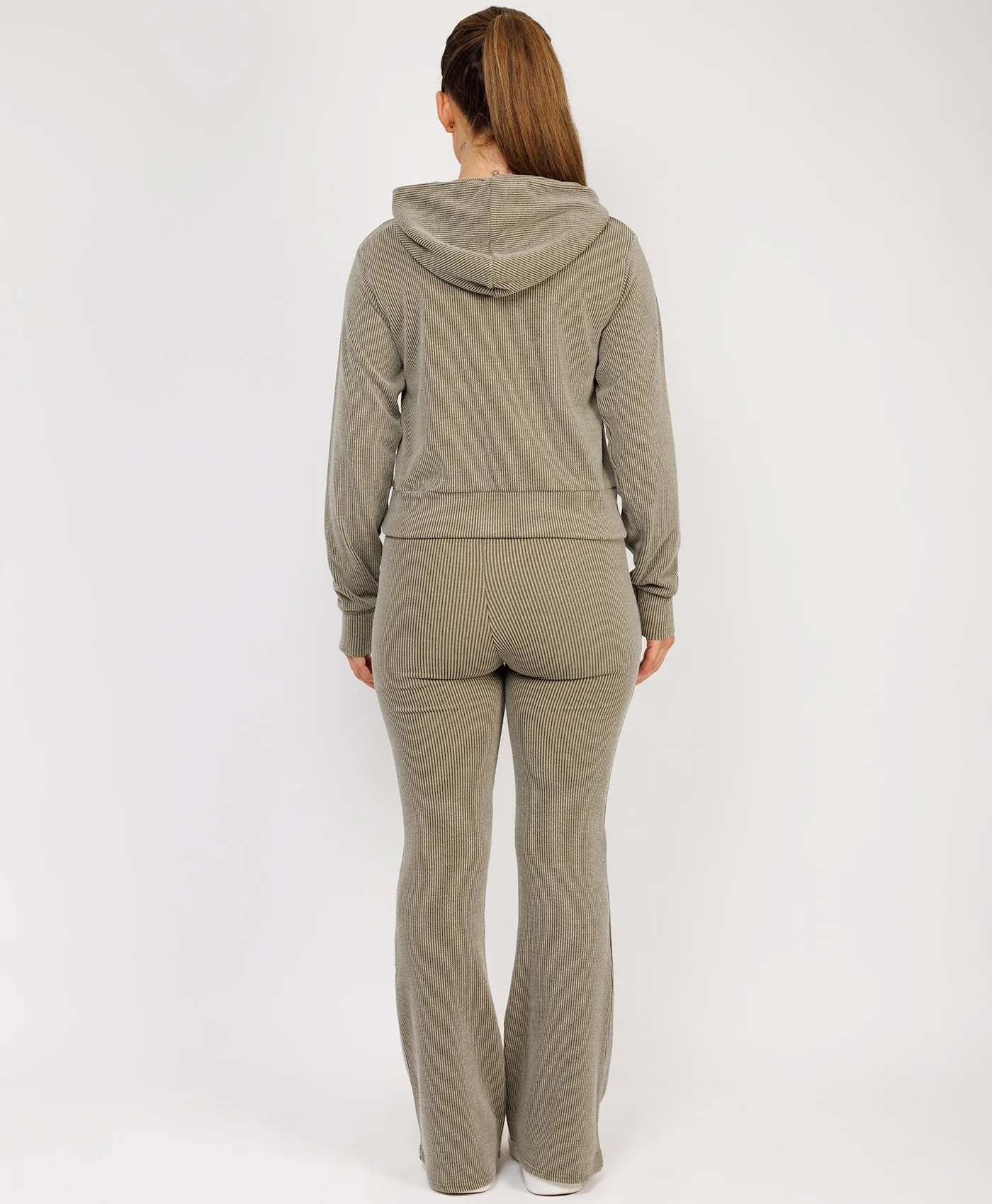 Khaki Ribbed Hoody & Skinny Flare Trousers Loungewear Set