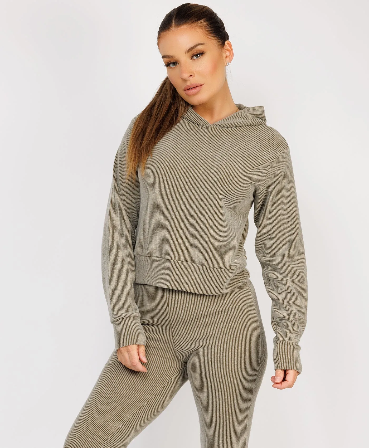 Khaki Ribbed Hoody & Skinny Flare Trousers Loungewear Set