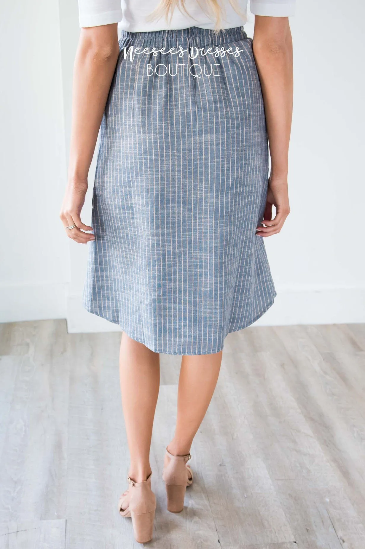 Light Denim & Tan Striped Button Down Skirt