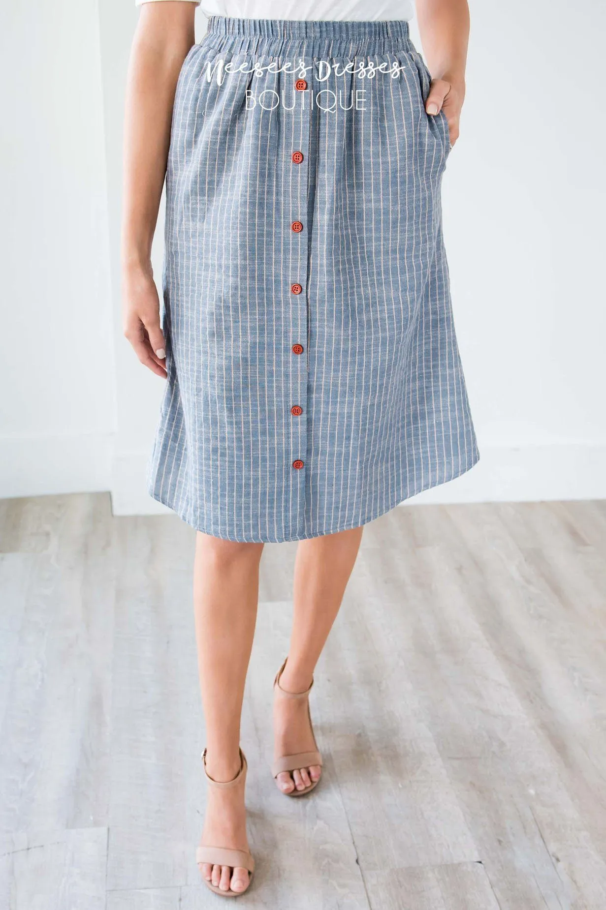 Light Denim & Tan Striped Button Down Skirt