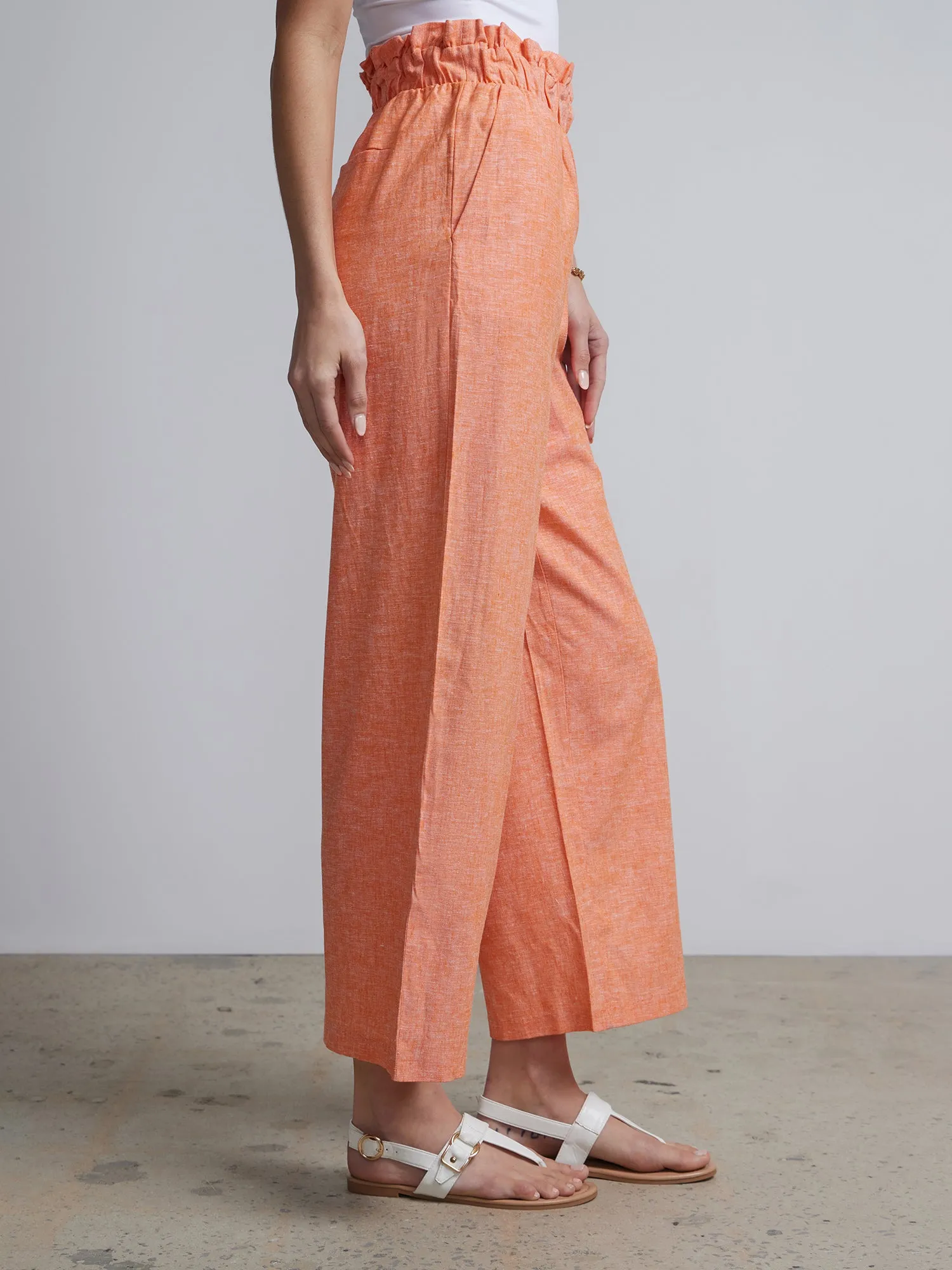 Linen Blend High Rise Paperbag Pant