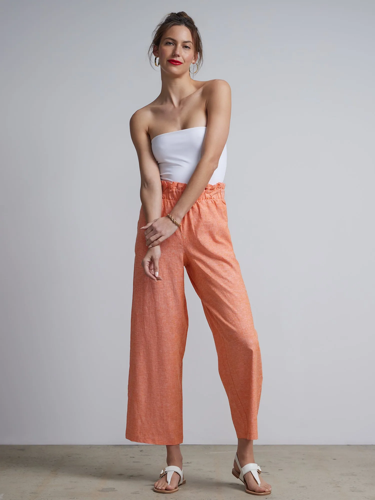 Linen Blend High Rise Paperbag Pant