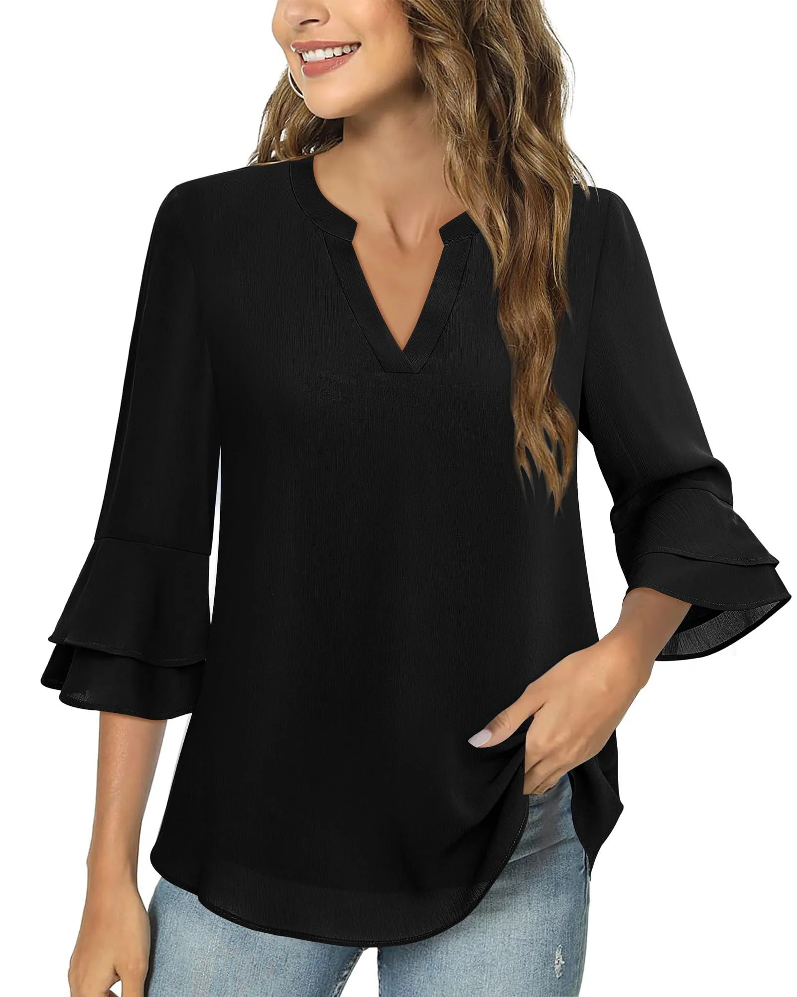 Lotusmile Women's Blouses, Dressy Casual Notch V-Neck, Flowy 3/4 Bell Sleeves, Summer Chiffon Layered Top, Loose Fit Office Shirt, Black