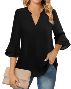 Lotusmile Women's Blouses, Dressy Casual Notch V-Neck, Flowy 3/4 Bell Sleeves, Summer Chiffon Layered Top, Loose Fit Office Shirt, Black