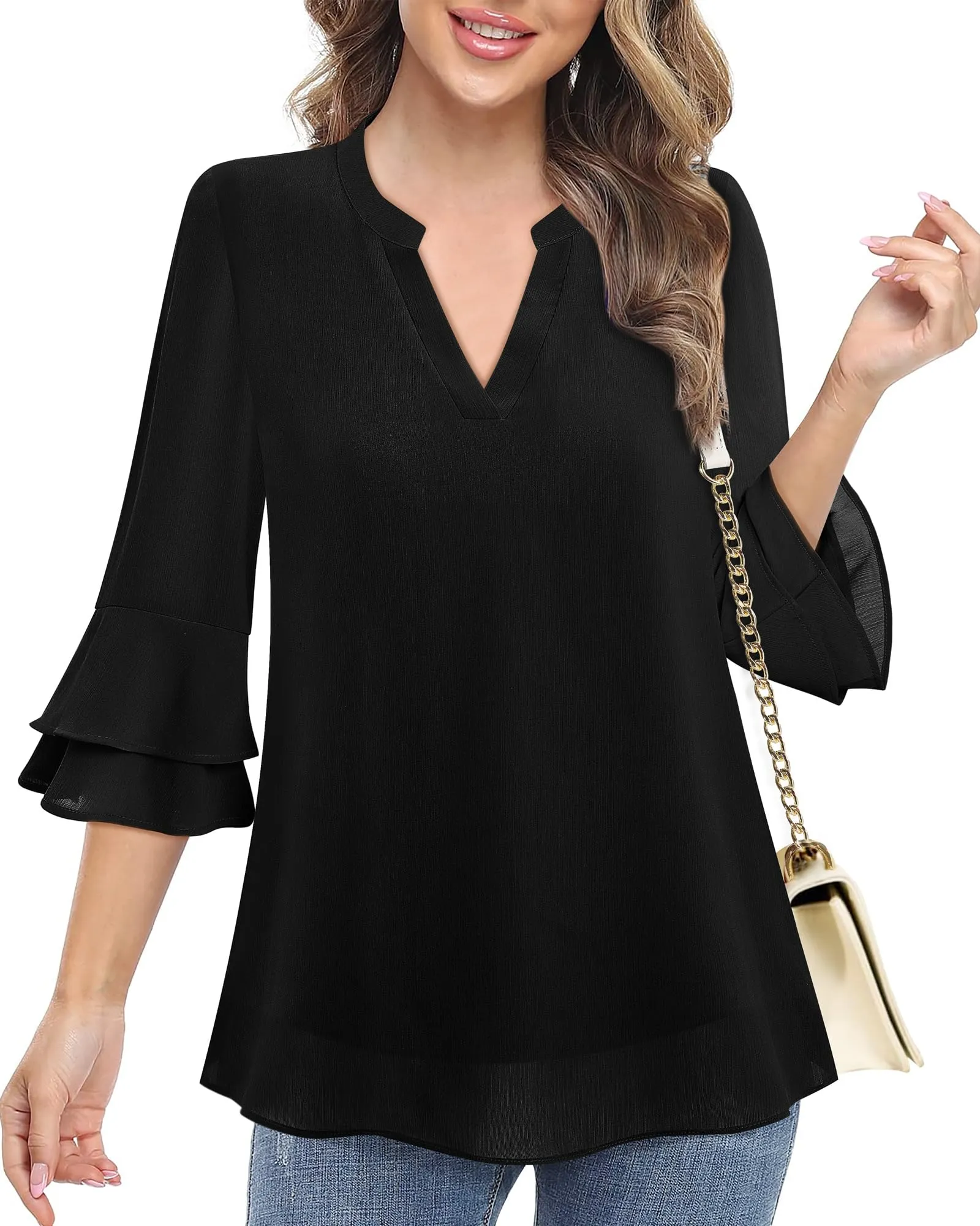 Lotusmile Women's Blouses, Dressy Casual Notch V-Neck, Flowy 3/4 Bell Sleeves, Summer Chiffon Layered Top, Loose Fit Office Shirt, Black