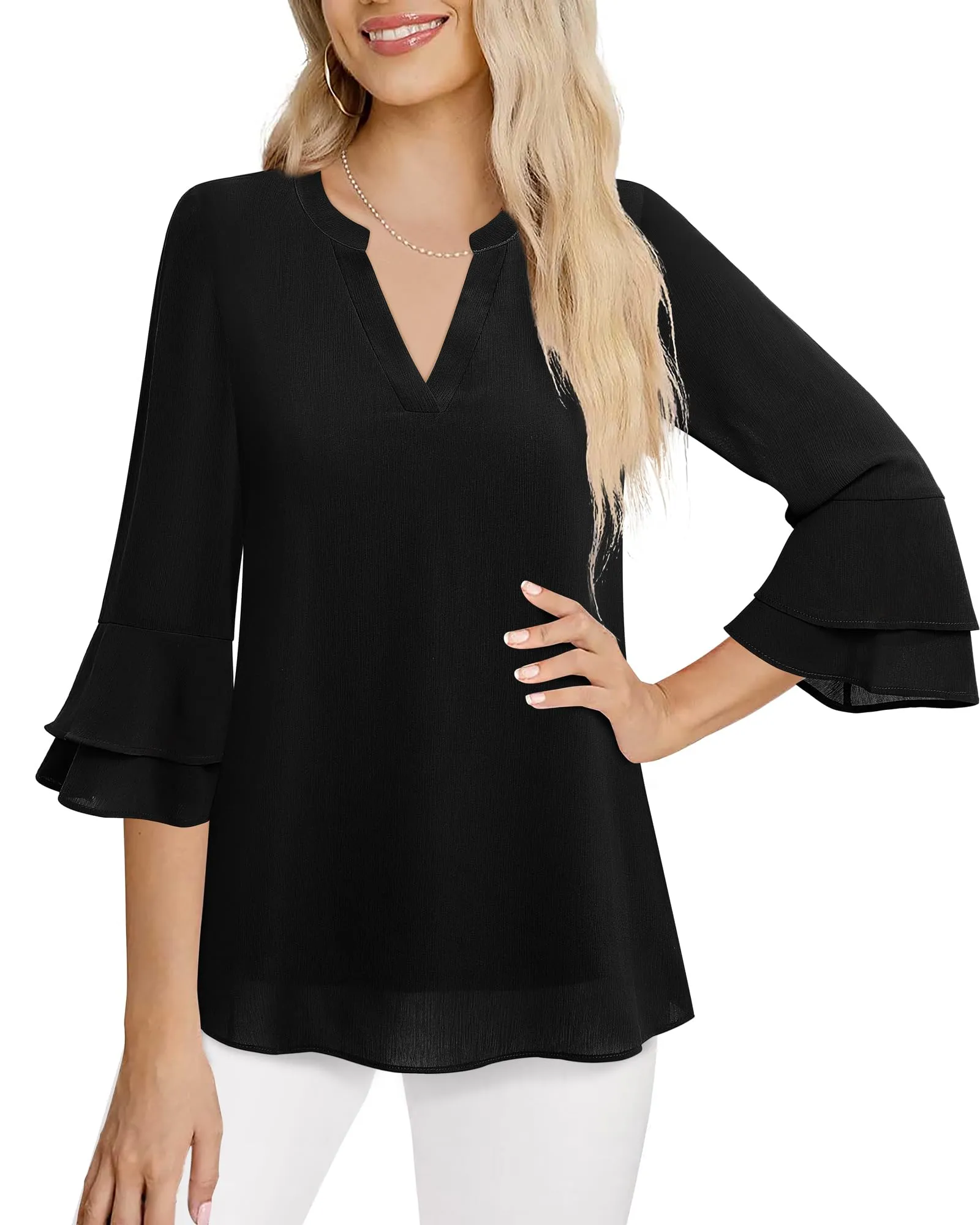 Lotusmile Women's Blouses, Dressy Casual Notch V-Neck, Flowy 3/4 Bell Sleeves, Summer Chiffon Layered Top, Loose Fit Office Shirt, Black