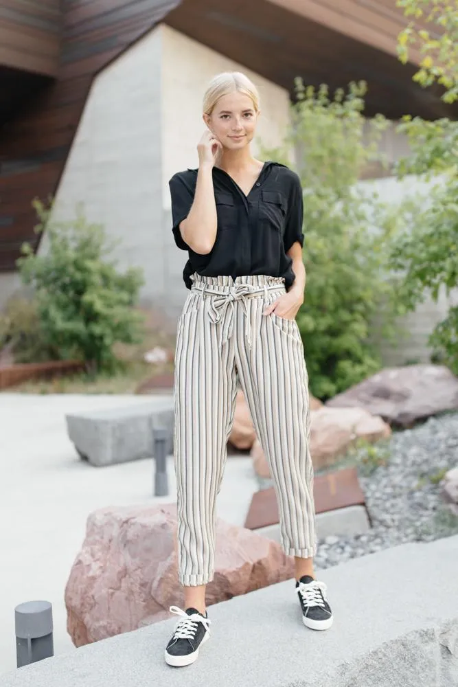 Lucy Paperbag Stripe Pants in Taupe