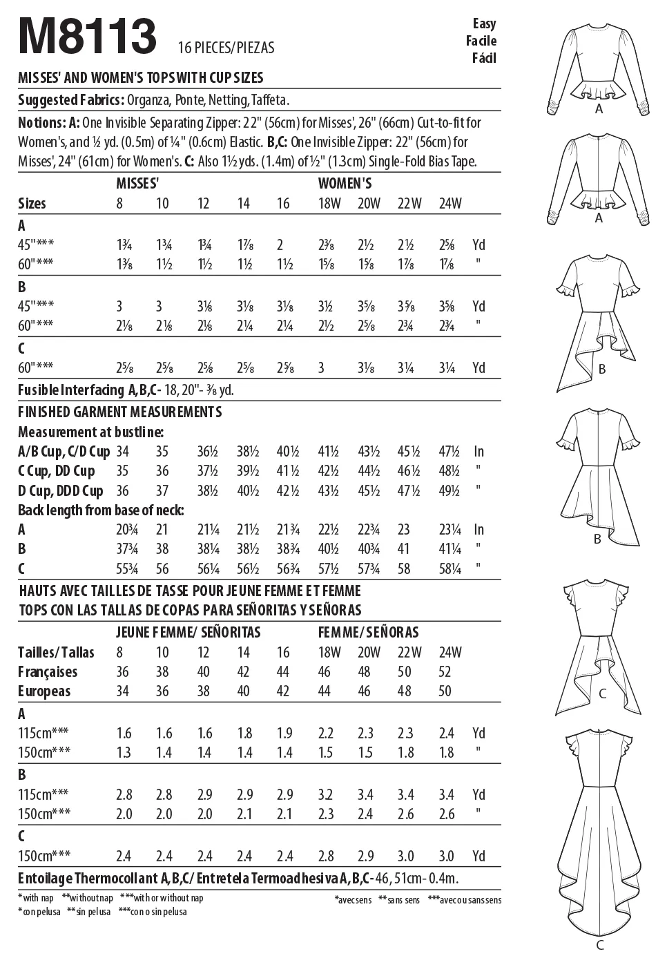 McCall's Pattern M8113 Misses' & Women's Tops With Cup Sizes