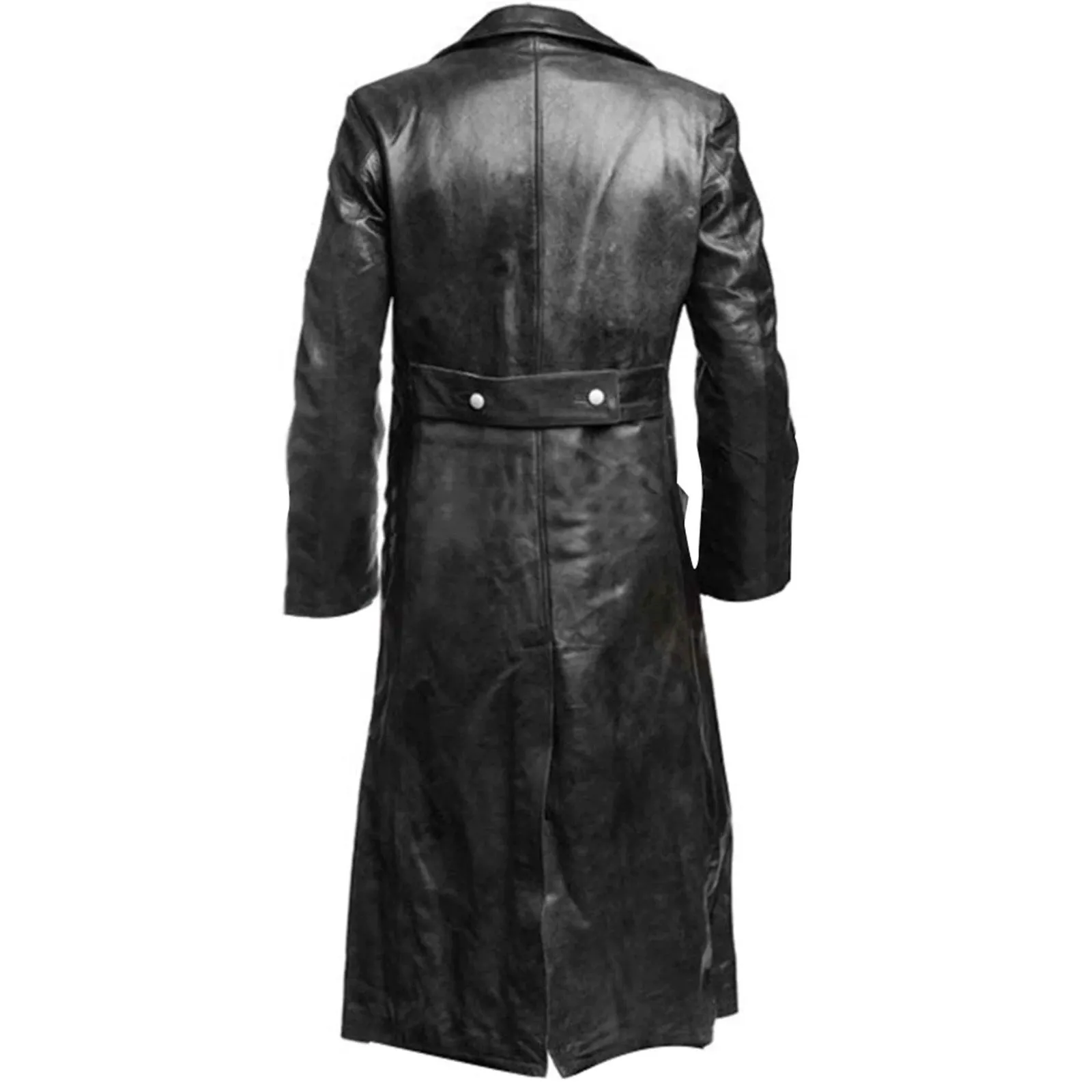 Men's Classic German Military Officer Black Leather Trench Coat