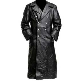 Men's Classic German Military Officer Black Leather Trench Coat