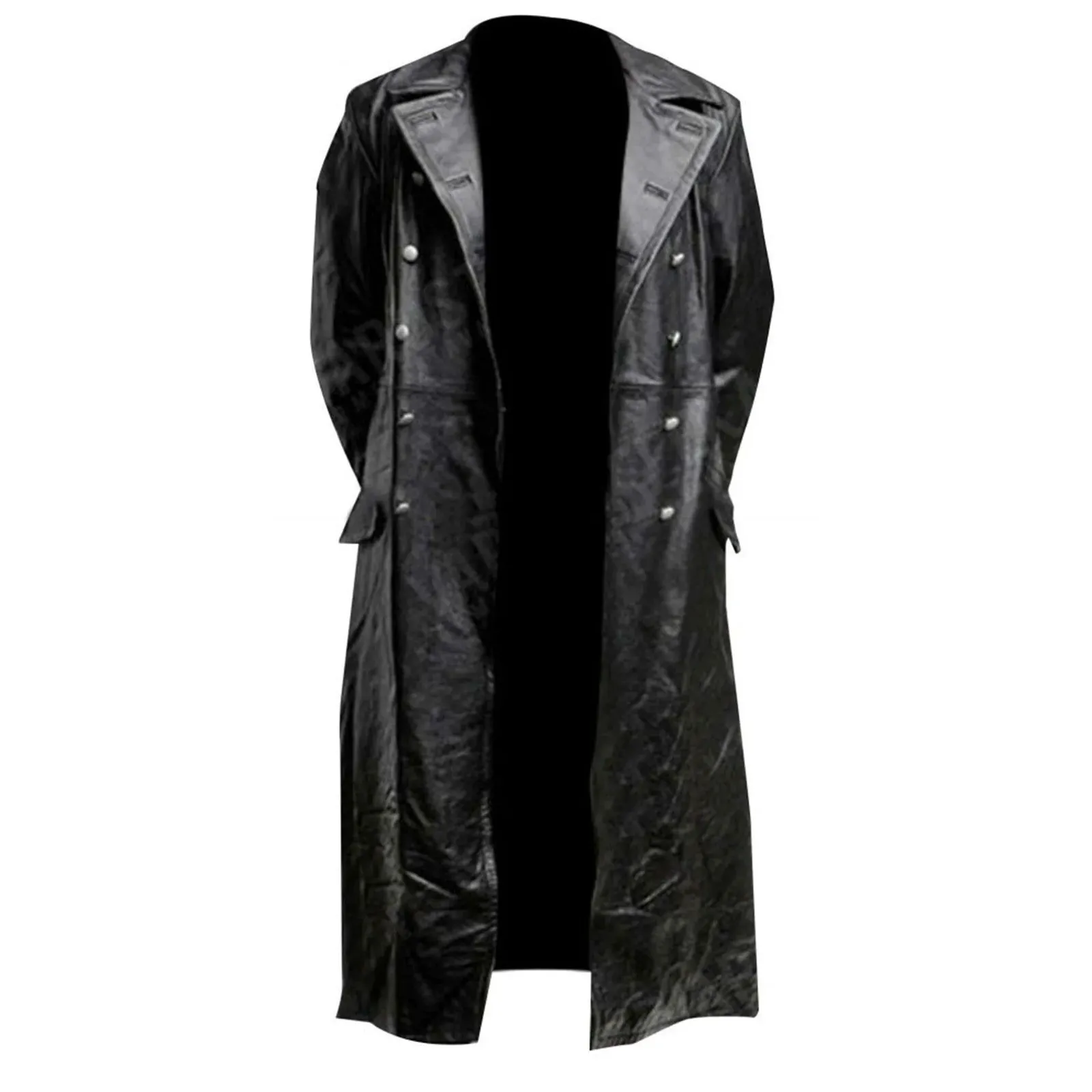 Men's Classic German Military Officer Black Leather Trench Coat