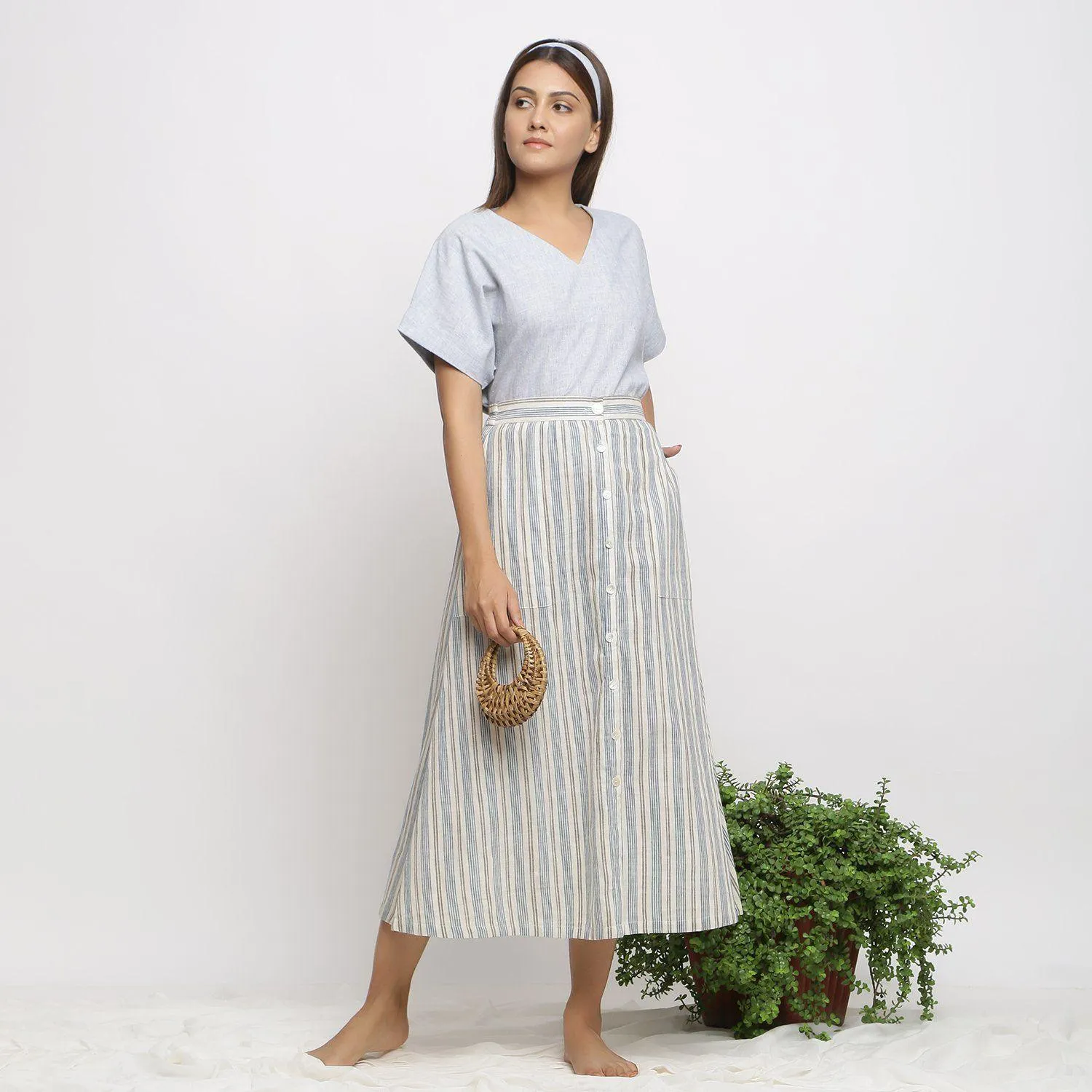 Off-White Handspun Cotton Elasticated Button-Down Maxi Skirt