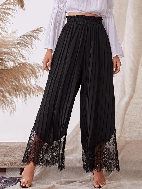 Paperbag Waist Eyelash Lace Hem Pleated Pants