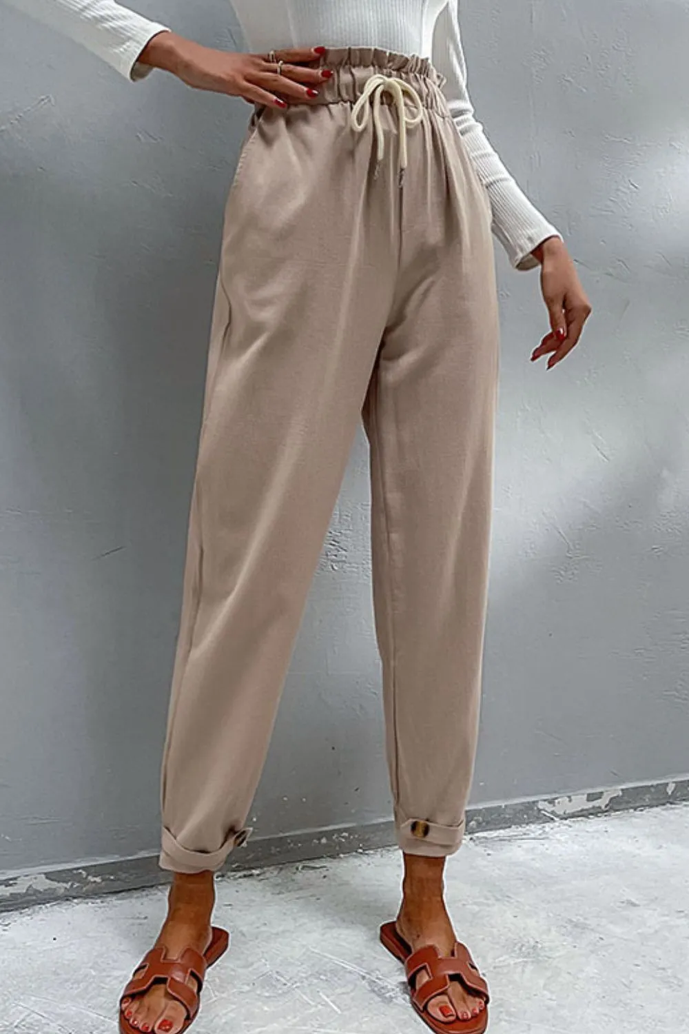 Perfee Drawstring Paperbag Waist Button Detail Pants