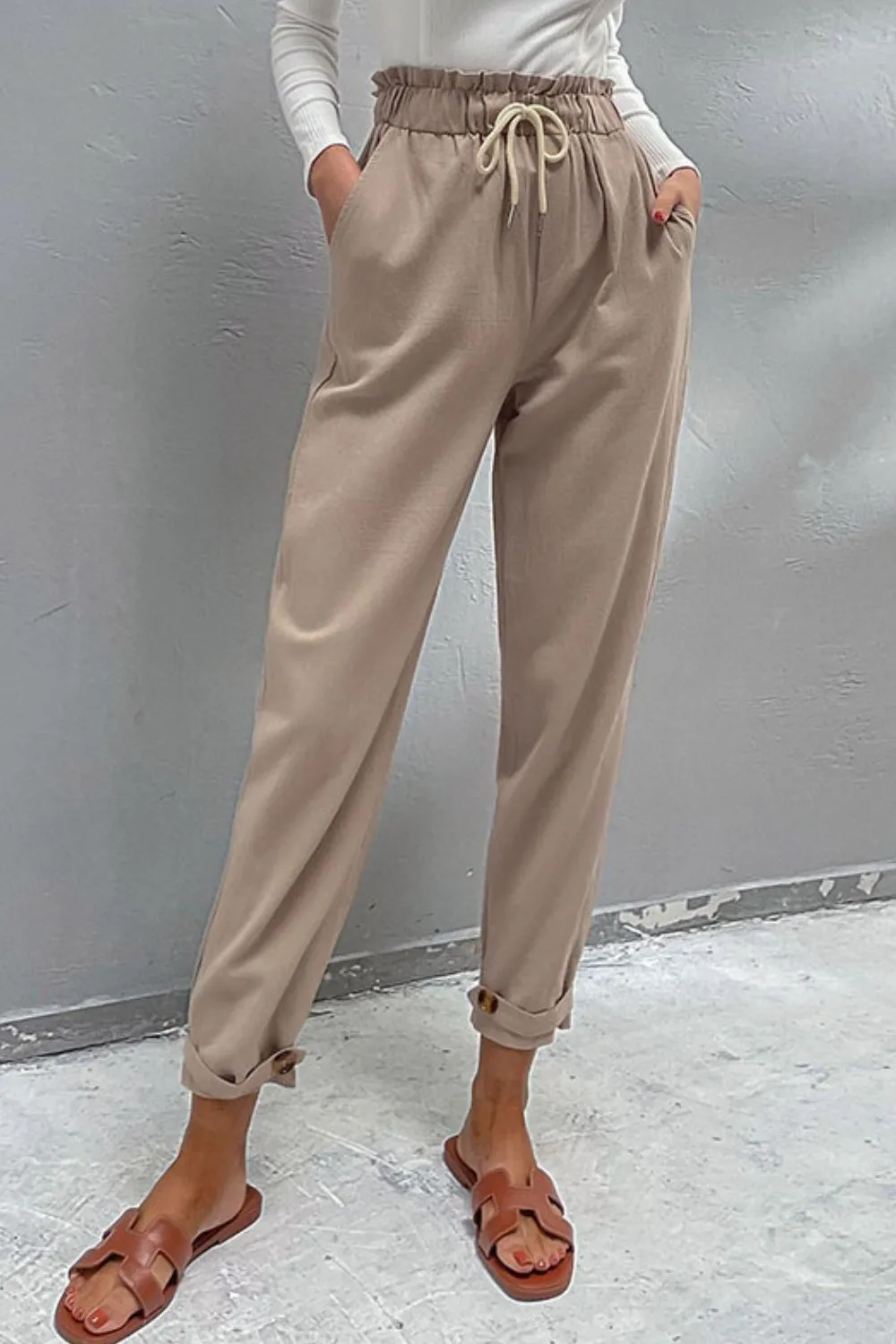 Perfee Drawstring Paperbag Waist Button Detail Pants