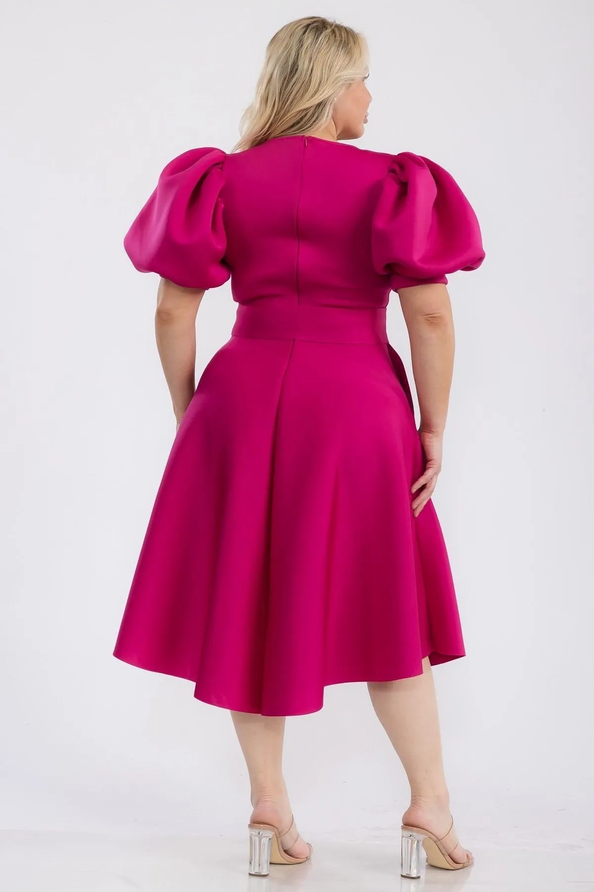 Plus Size Puffy sleeves Flare Knee Dresses With Pockets