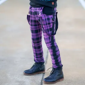 Purple Pants Tartan Plaid Kids Skinny Fit with Punk Straps