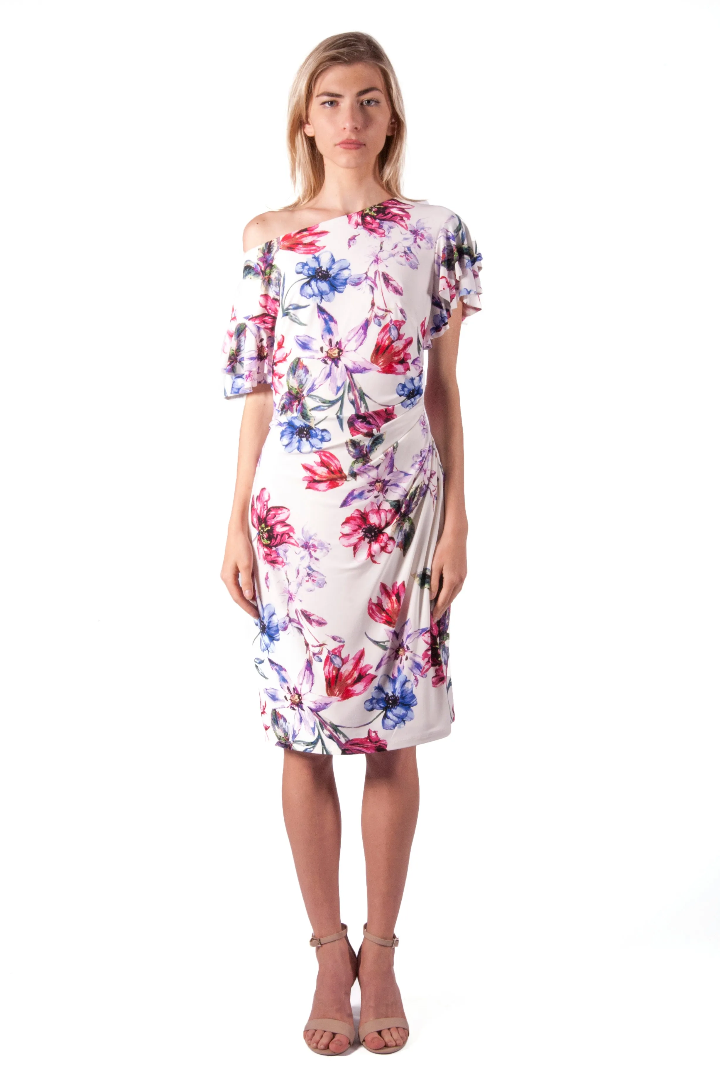 RALPH LAUREN-FLORAL RUFFLE SLEEVE SHIFT DRESS