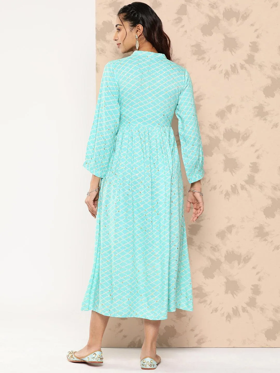 Sea Green Printed Rayon Fit and Flare Dress