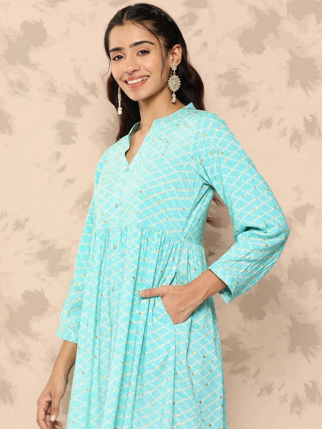 Sea Green Printed Rayon Fit and Flare Dress