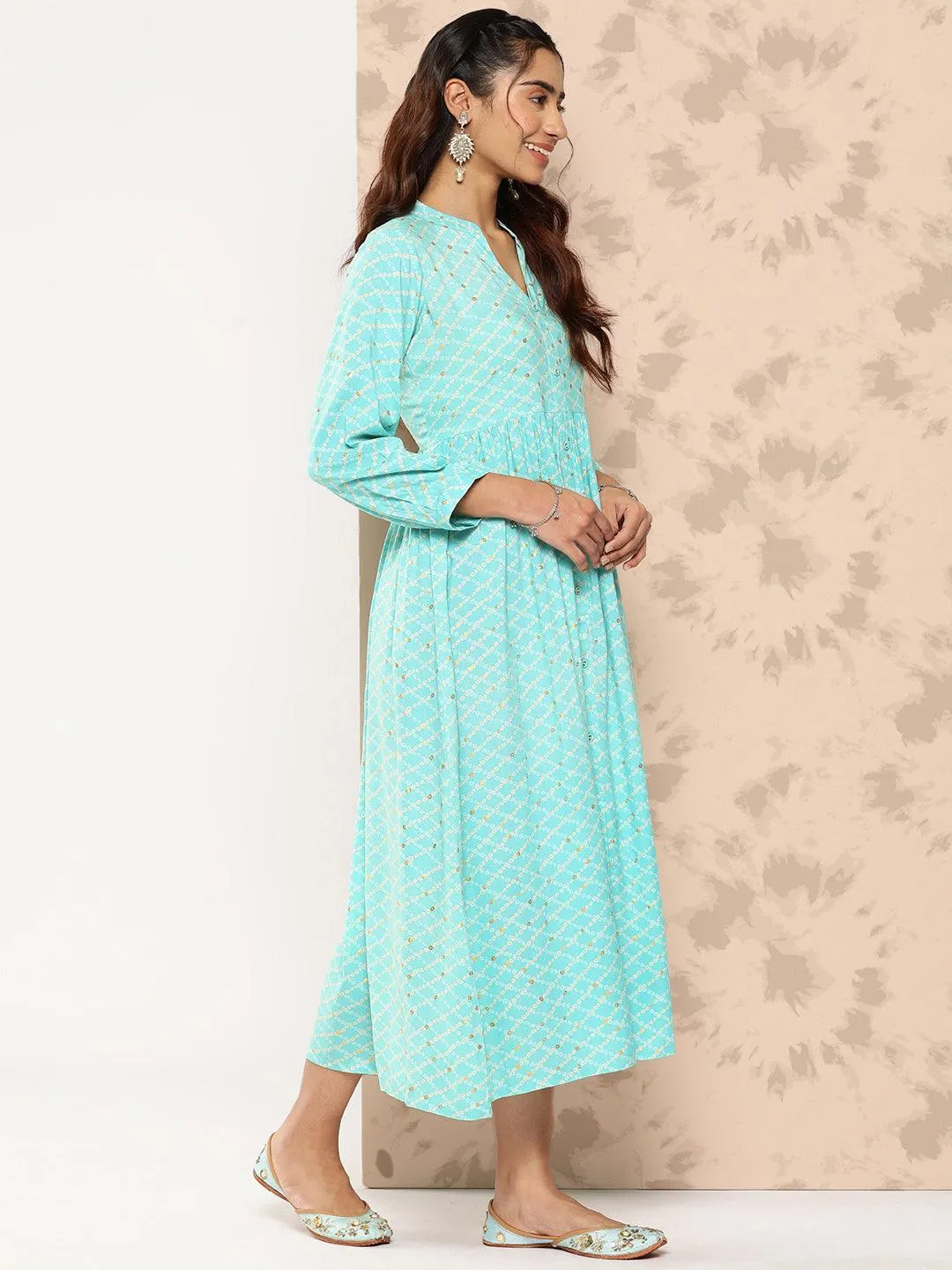 Sea Green Printed Rayon Fit and Flare Dress